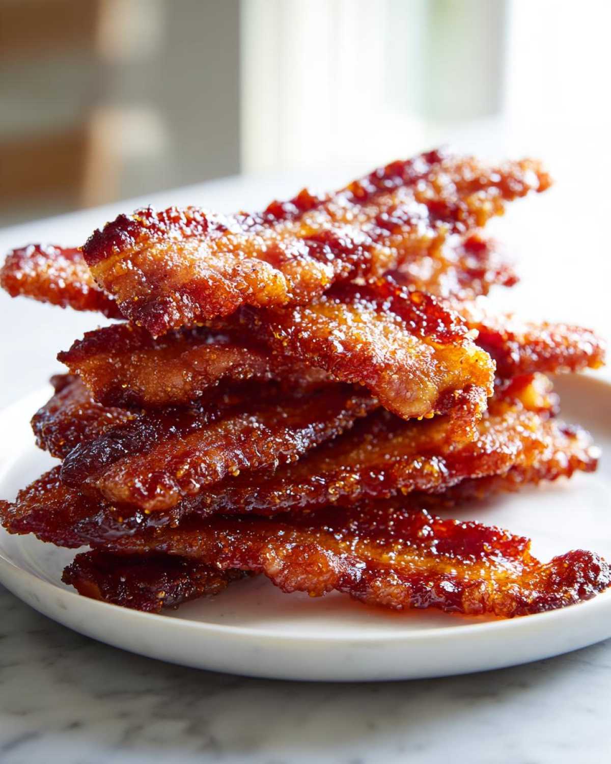 A close-up stack of crispy, thick-cut Brown Sugar Glazed Bacon strips glistening with caramelized sugar.