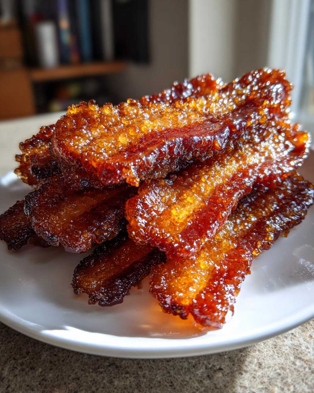A stack of crispy, caramelized Brown Sugar Glazed Bacon slices glistening on a white plate.