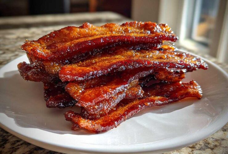A close-up stack of crispy, shiny Brown Sugar Glazed Bacon on a white plate.