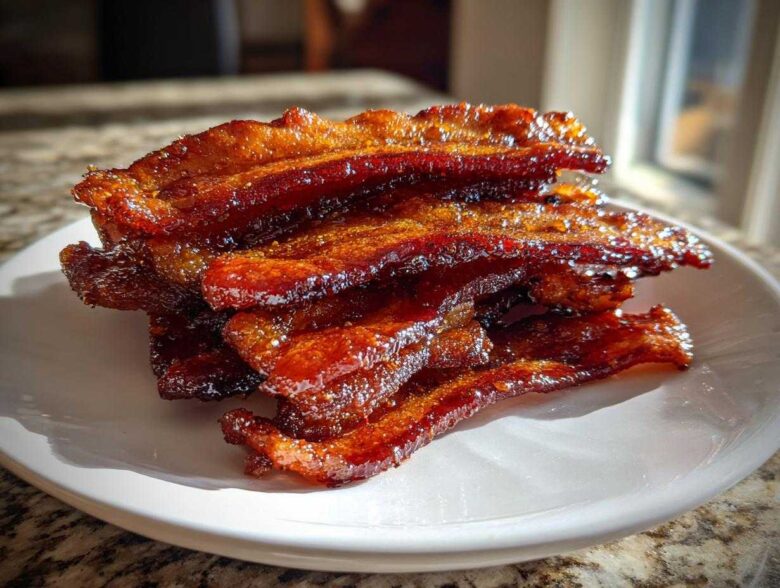A close-up stack of crispy, shiny Brown Sugar Glazed Bacon on a white plate.