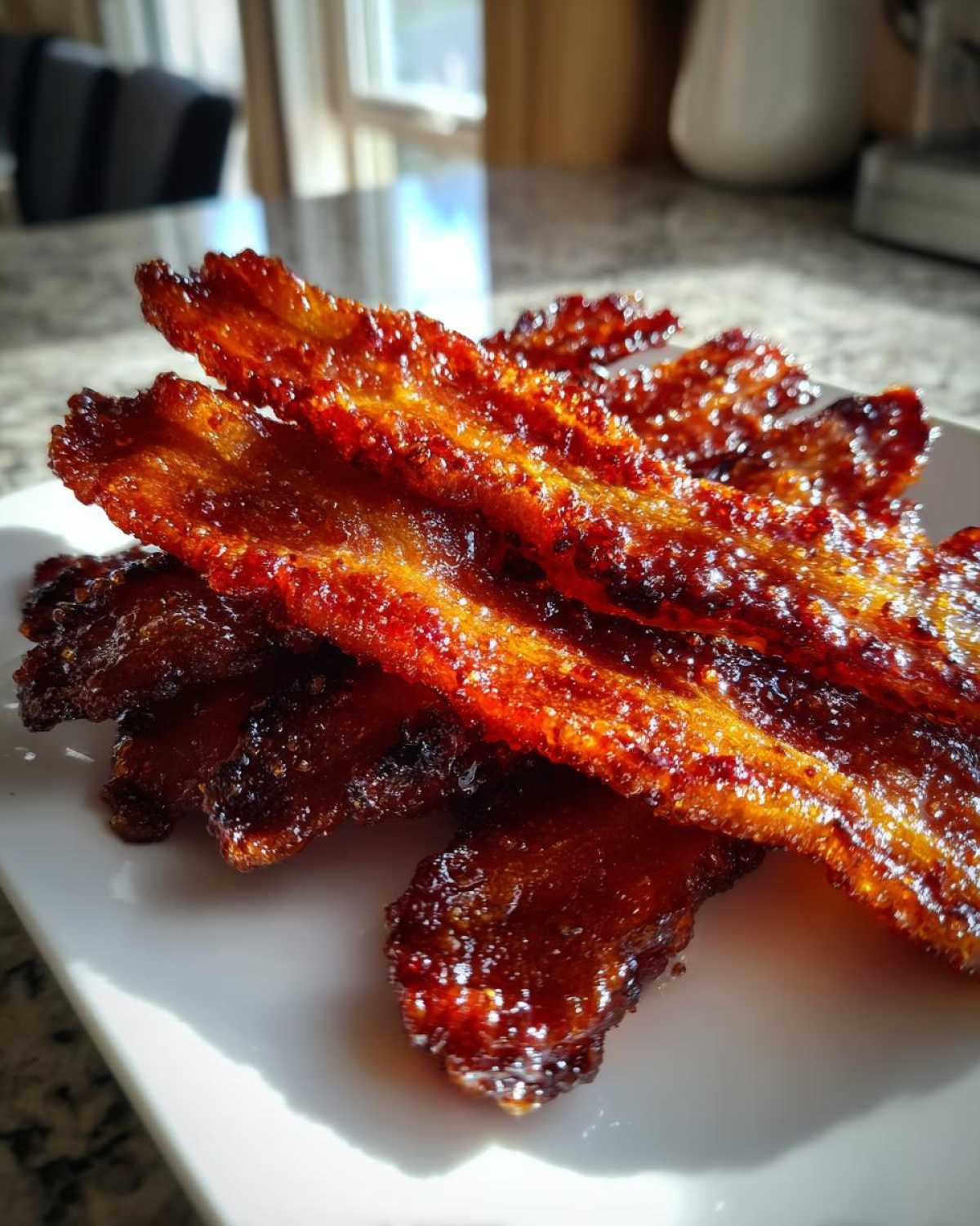 Close-up of crispy, caramelized Brown Sugar Glazed Bacon strips piled on a white plate.