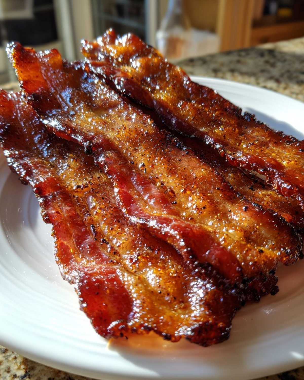 Close-up of crispy, shiny Brown Sugar Glazed Bacon strips piled on a white plate, catching the sunlight.