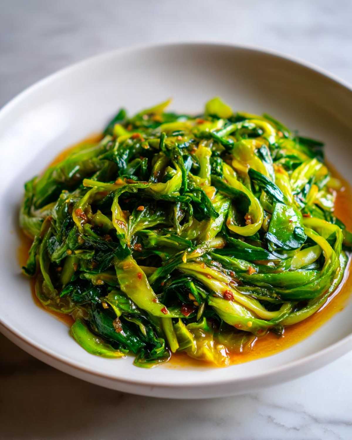 Close-up of vibrant green Cabbage Stir Fry with Garlic Ginger Sauce coating the wilted leaves.