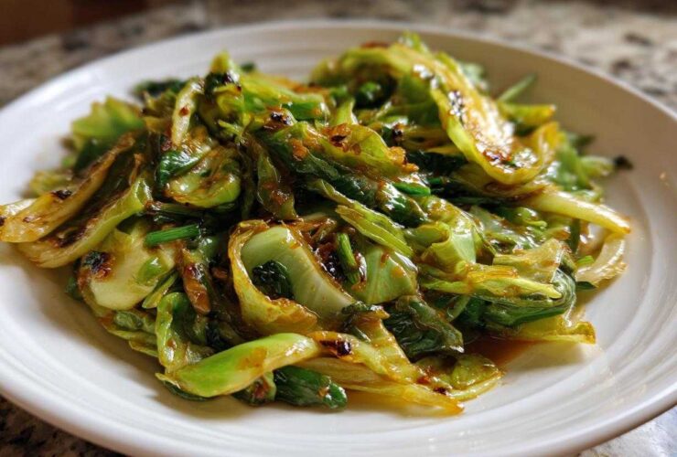 Close-up of vibrant green Cabbage Stir Fry with Garlic Ginger Sauce served on a white plate.