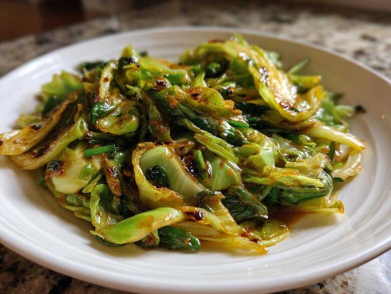 Close-up of vibrant green Cabbage Stir Fry with Garlic Ginger Sauce served on a white plate.