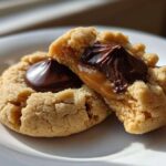 Close-up of a Peanut Butter Blossom Cookie cut in half showing gooey caramel and melted chocolate center.