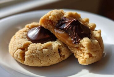 Close-up of a Peanut Butter Blossom Cookie cut in half showing gooey caramel and melted chocolate center.