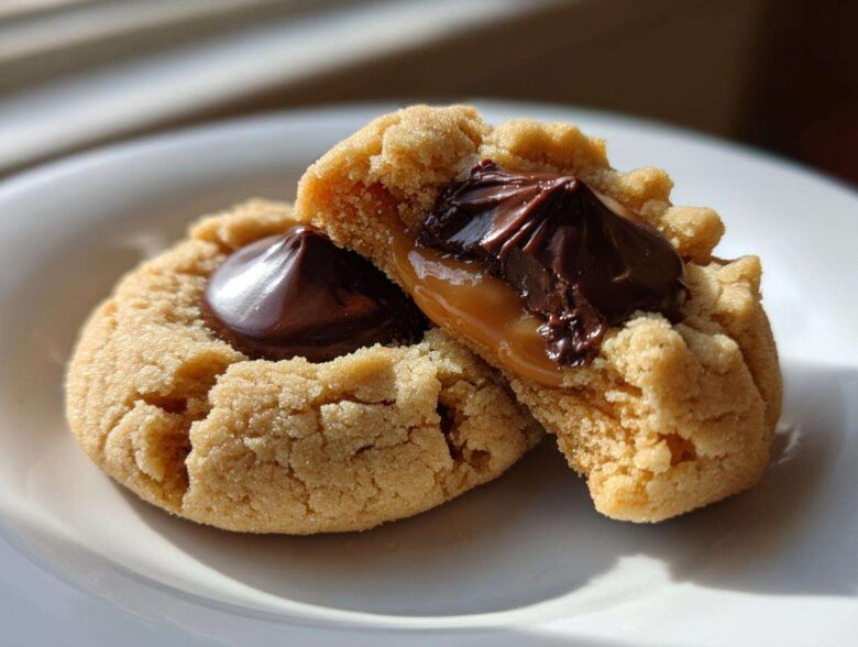Close-up of a Peanut Butter Blossom Cookie cut in half showing gooey caramel and melted chocolate center.