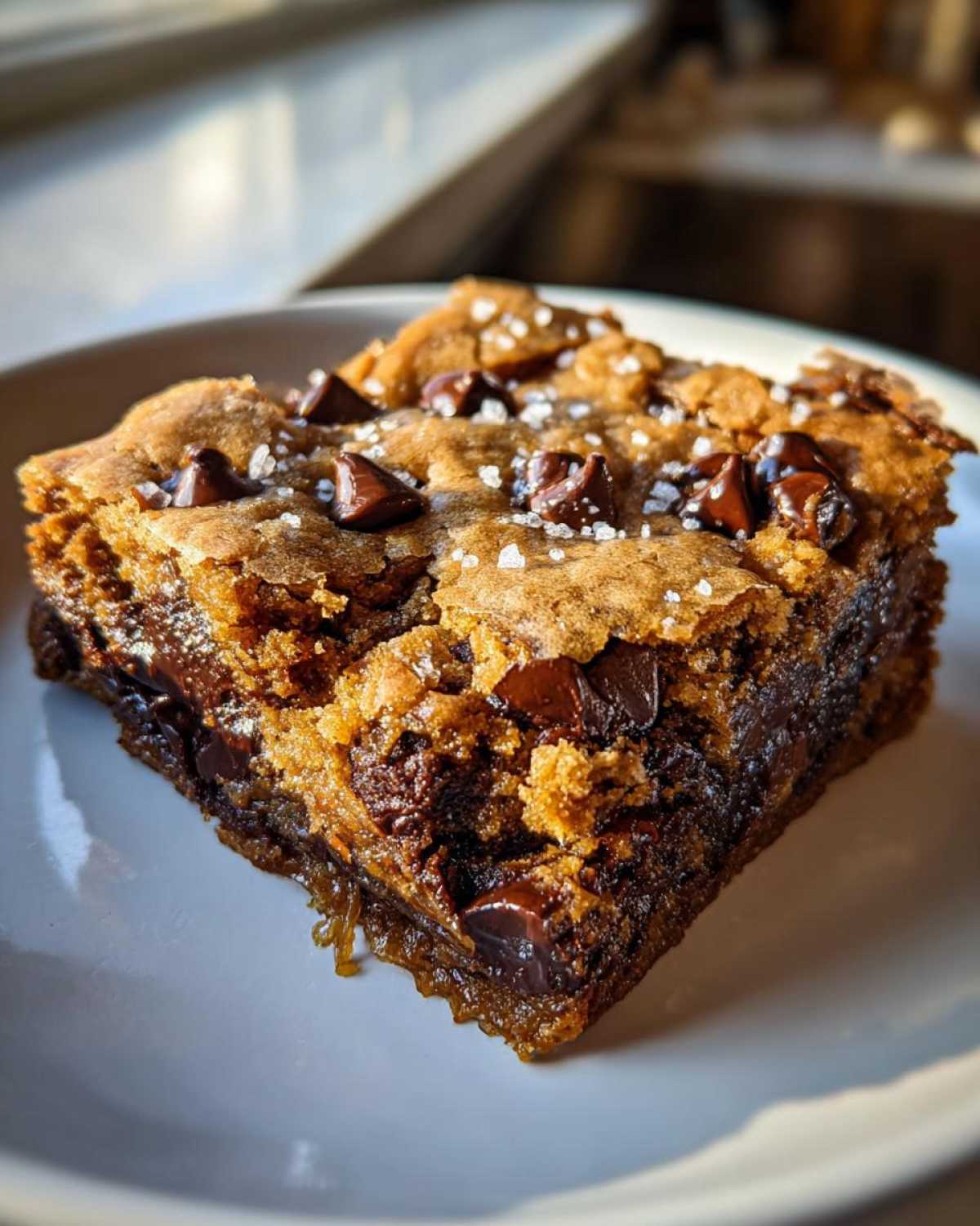 A single, thick square of Chewy Chocolate Chip Cookie Bars, topped with melted chocolate chunks and flaky sea salt.