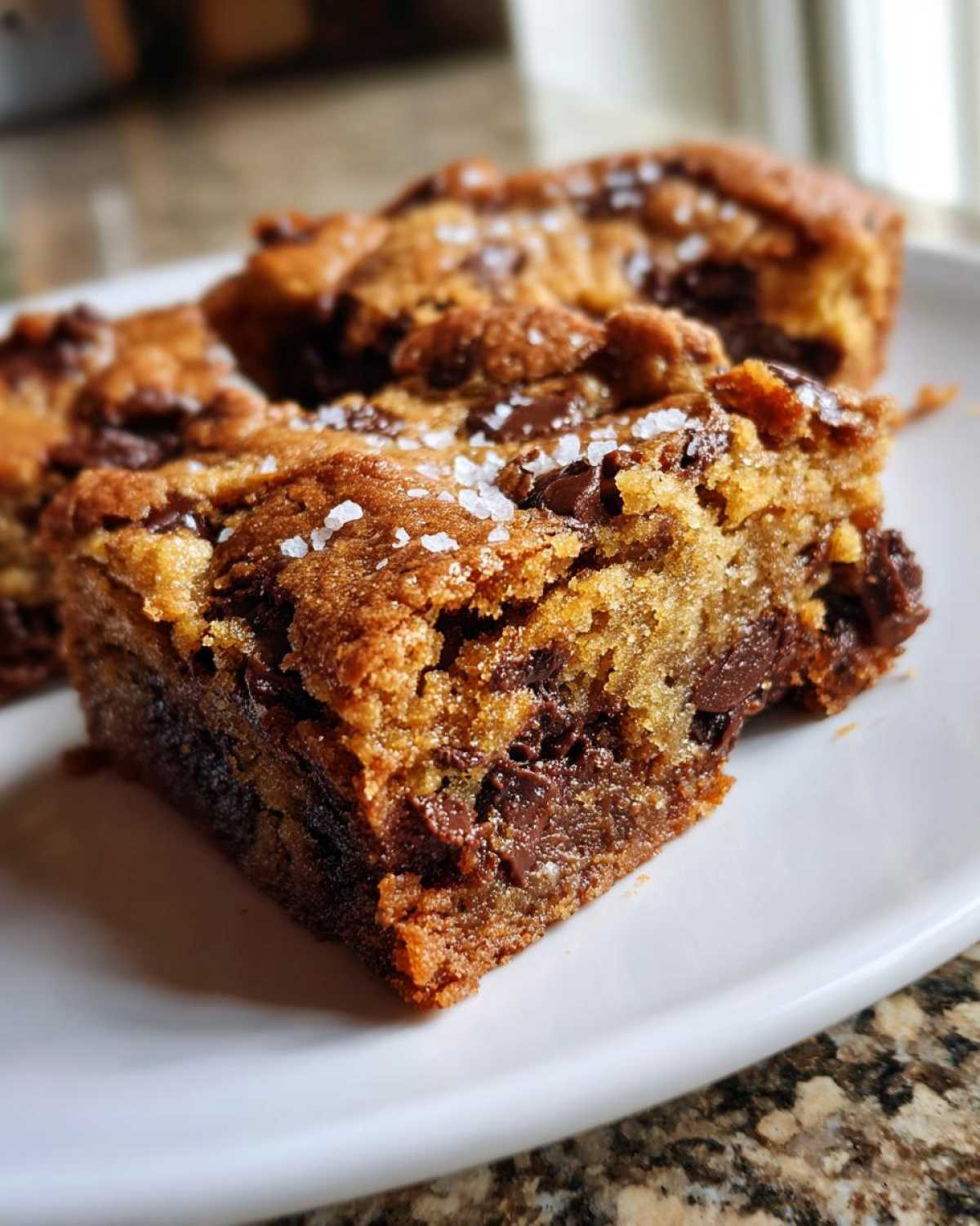 A close-up of a thick, chewy chocolate chip cookie bar topped with flaky sea salt, showing melted chocolate chunks.