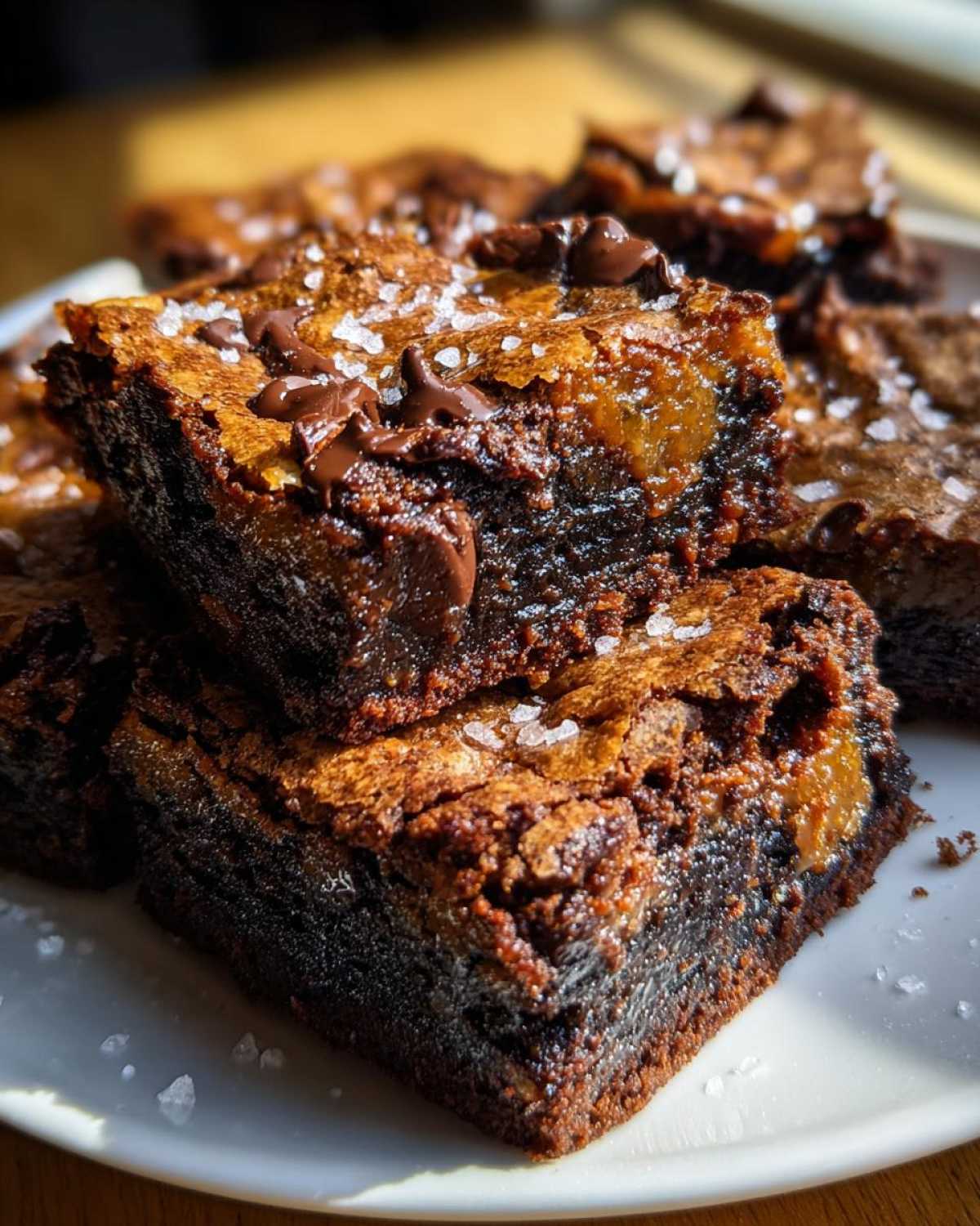 Close-up of rich, chewy chocolate chip cookie bars topped with melted chips and flaky sea salt.