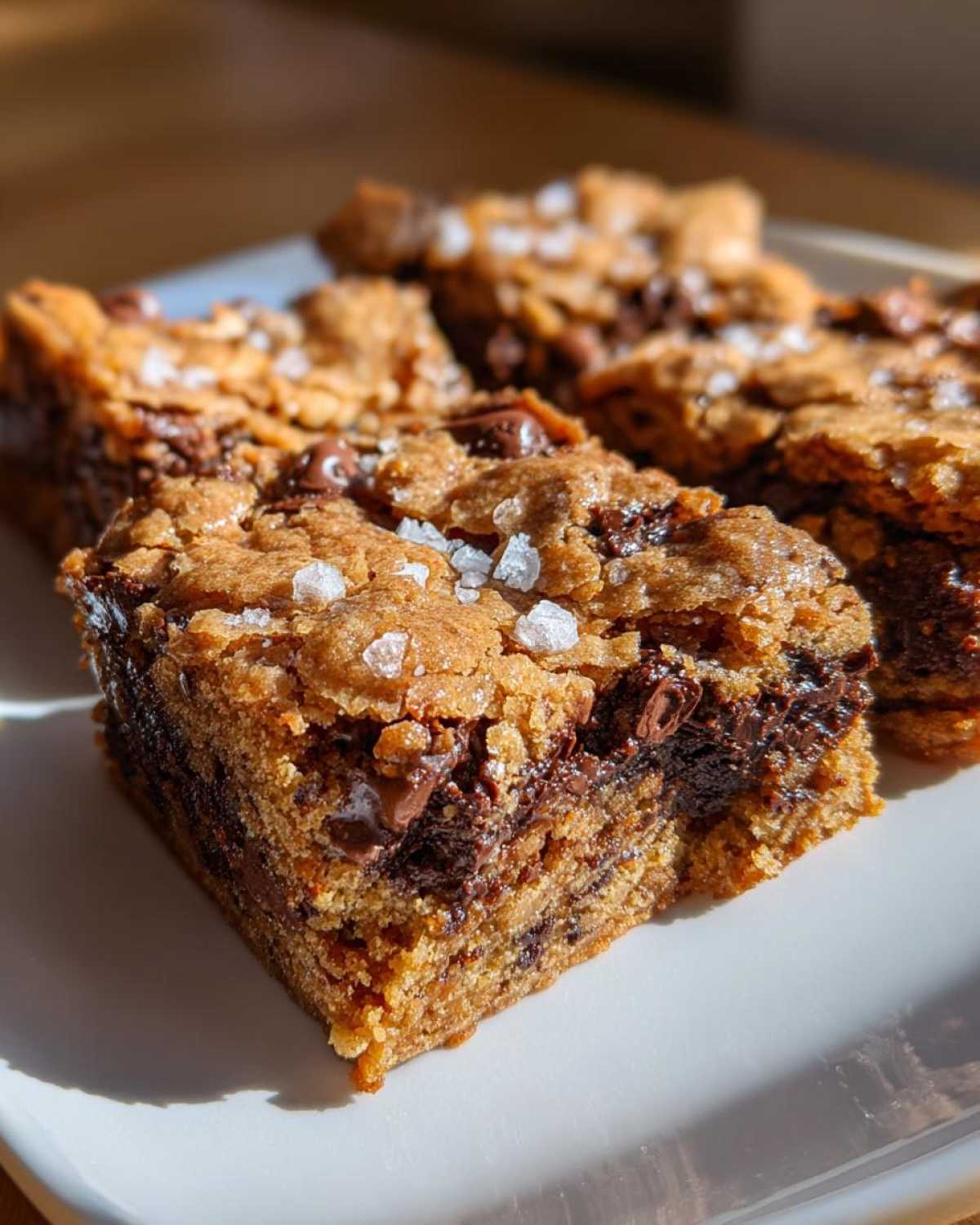 A close-up of a thick, chewy chocolate chip cookie bar topped with flaky sea salt, showing the gooey chocolate center.