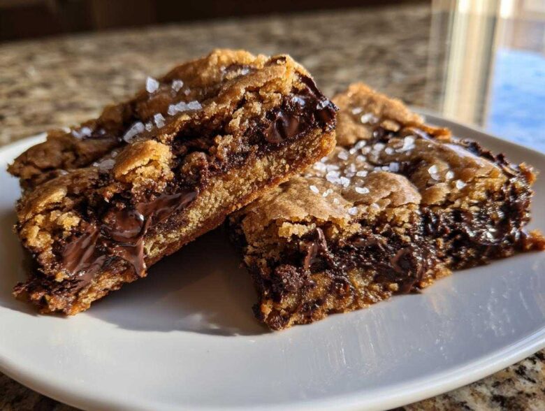 Two rich, chewy chocolate chip cookie bars cut and stacked slightly, showing melted chocolate centers and sprinkled with flaky sea salt.