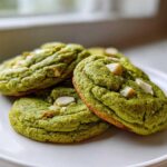 A stack of three vibrant green, chewy matcha white chocolate cookies on a white plate.