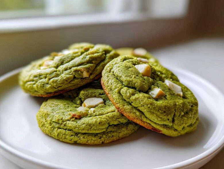 A stack of three vibrant green, chewy matcha white chocolate cookies on a white plate.
