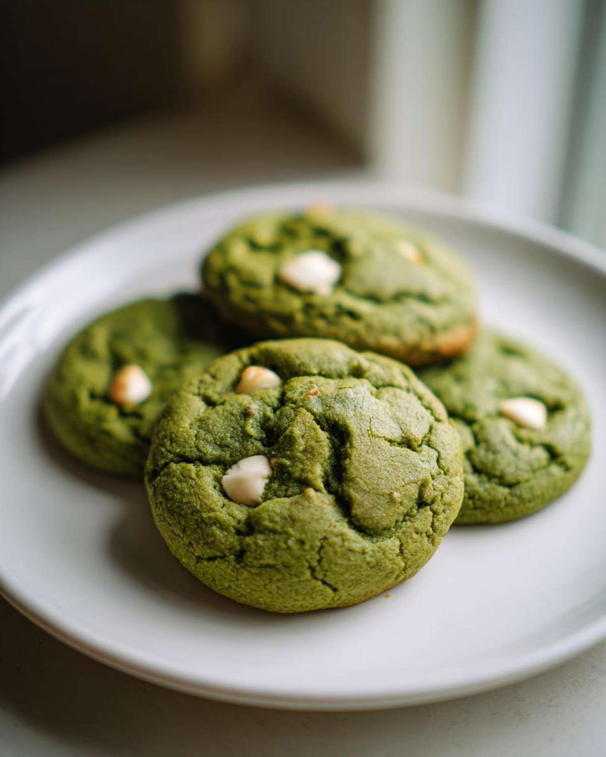Four chewy matcha white chocolate cookies with visible white chocolate chips resting on a white plate.