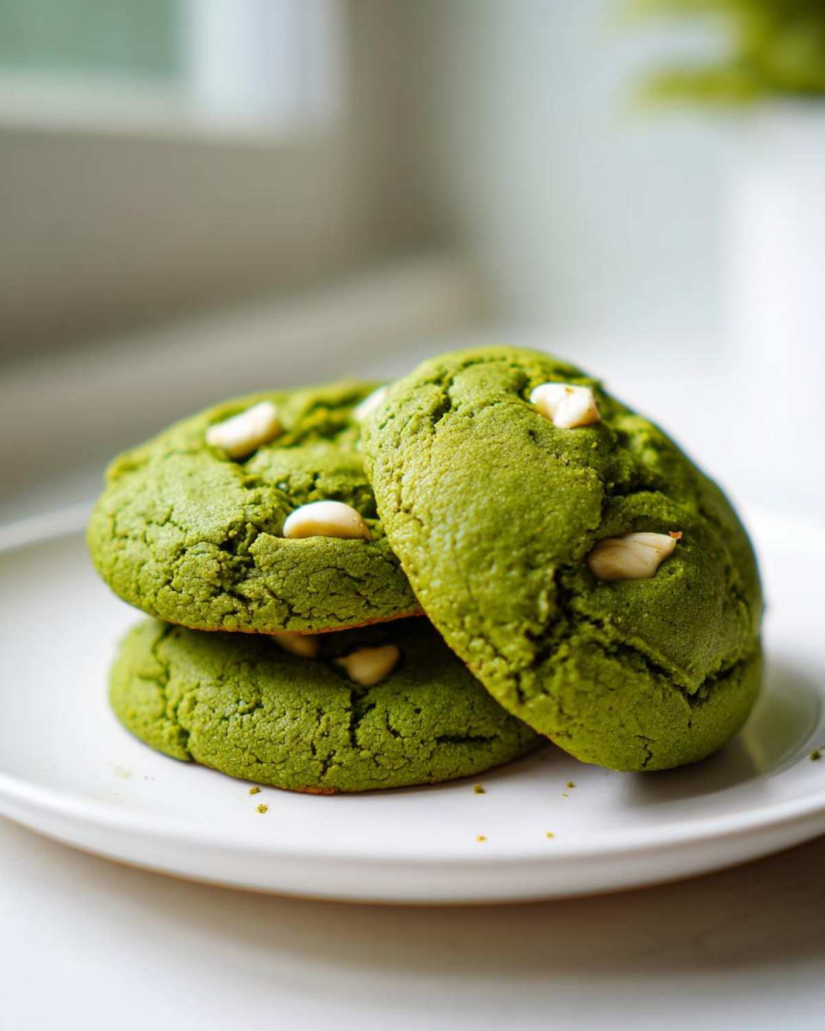 Three vibrant green Chewy Matcha White Chocolate Cookies stacked on a white plate.