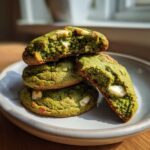 A stack of three vibrant green Chewy Matcha White Chocolate Cookies, one broken open to show the soft interior and white chocolate chunks.