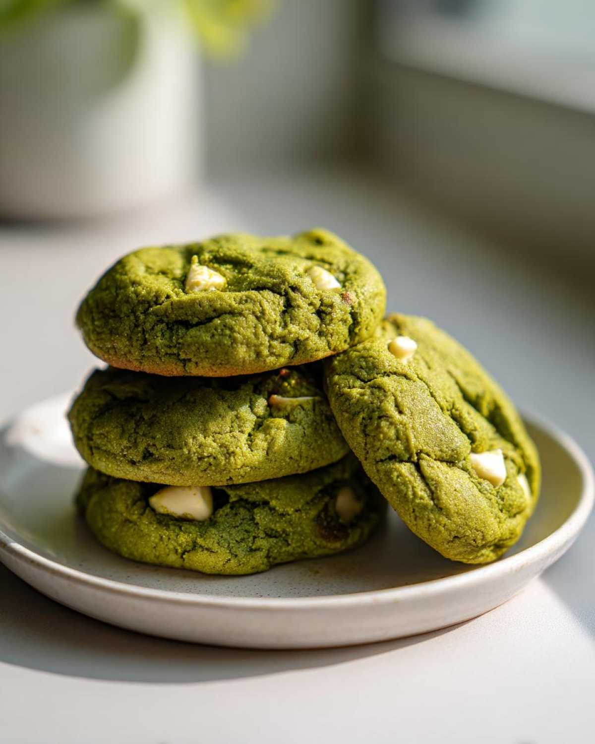 A stack of four vibrant green, chewy matcha white chocolate cookies with visible white chocolate chips.