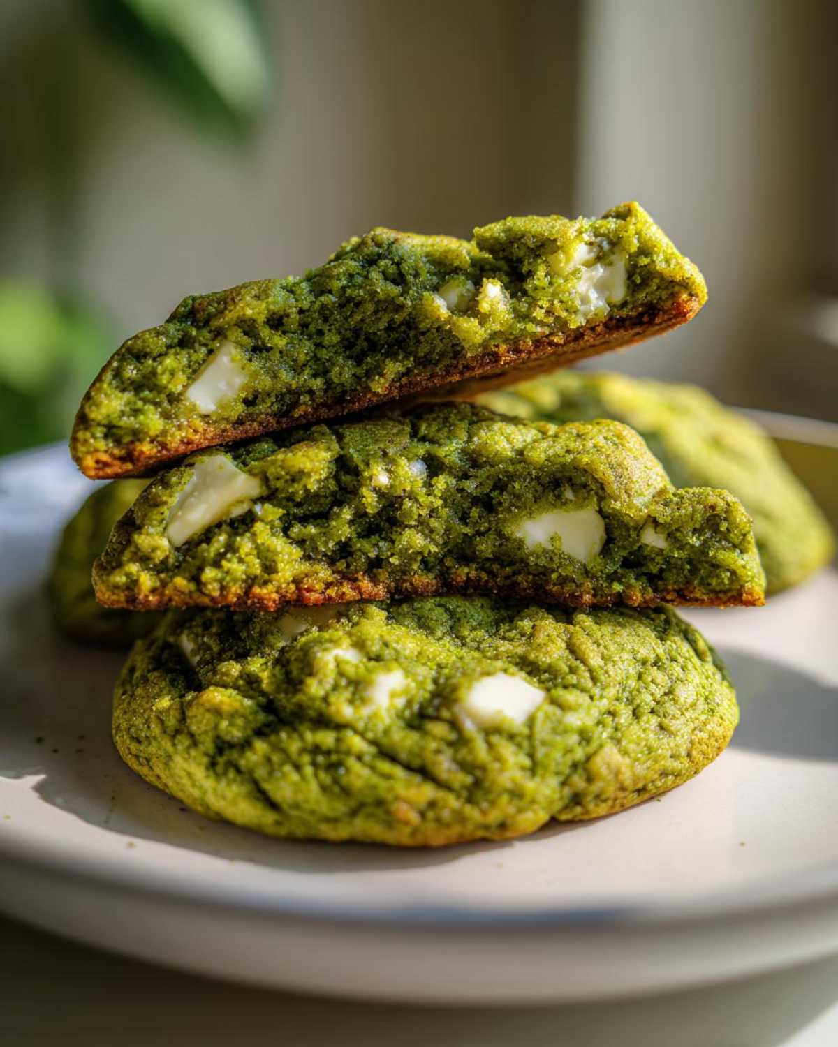 Close-up of Chewy Matcha White Chocolate Cookies stacked, showing the soft, green interior and melted white chocolate chips.