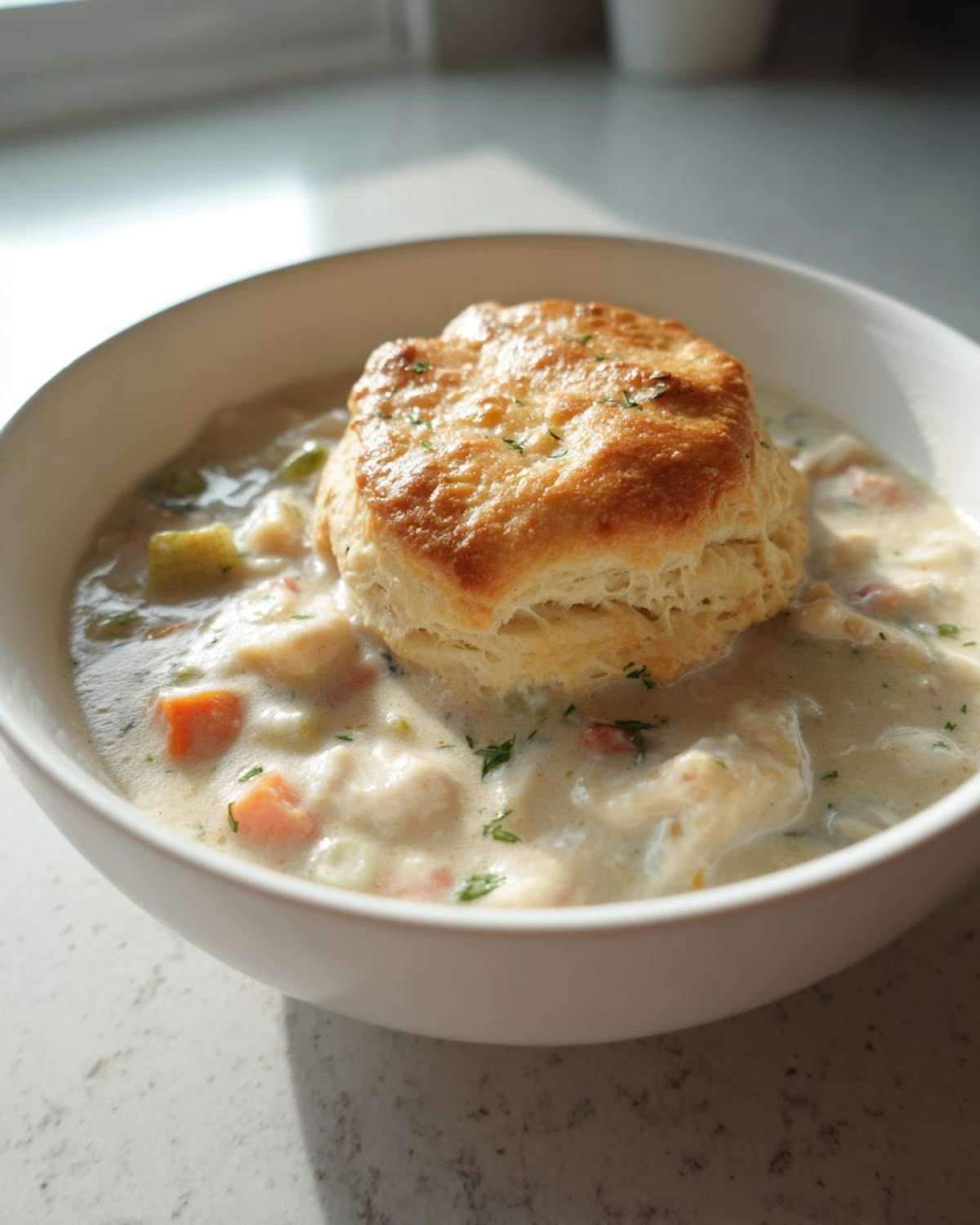 A bowl of creamy Chicken Pot Pie Soup topped with a golden, flaky biscuit garnished with parsley.