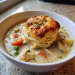 A bowl of creamy Chicken Pot Pie Soup topped with a flaky, golden biscuit and sprinkled with parsley.