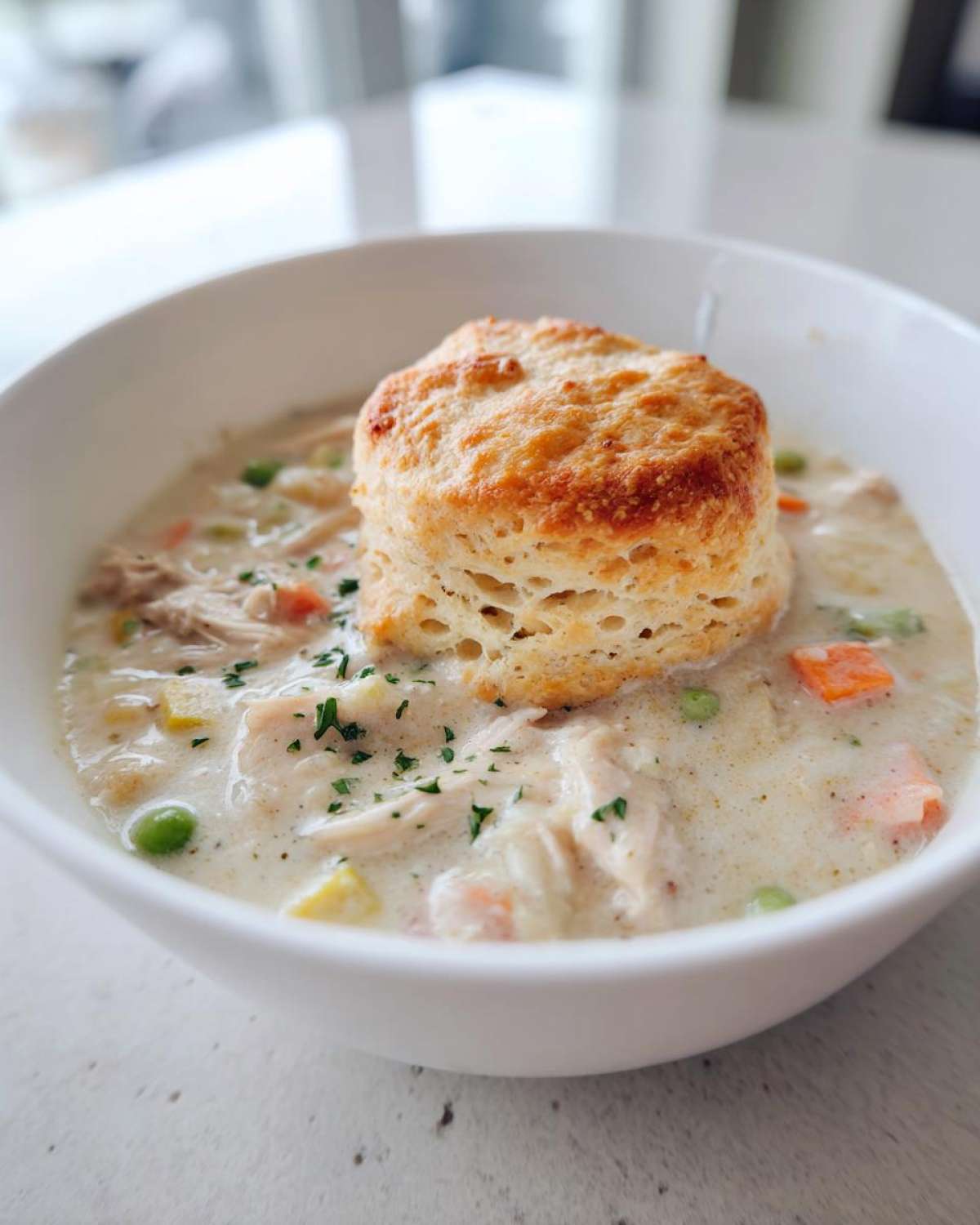 A close-up of creamy Chicken Pot Pie Soup in a white bowl, topped with a golden biscuit and parsley.