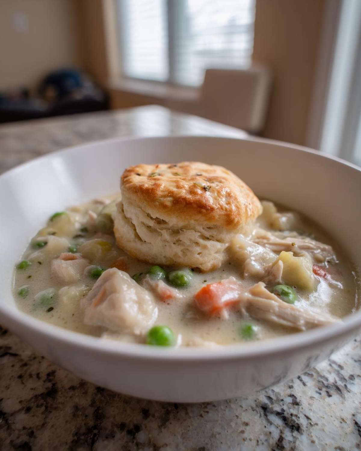 A close-up of creamy Chicken Pot Pie Soup filled with chicken, carrots, and peas, topped with a golden biscuit.