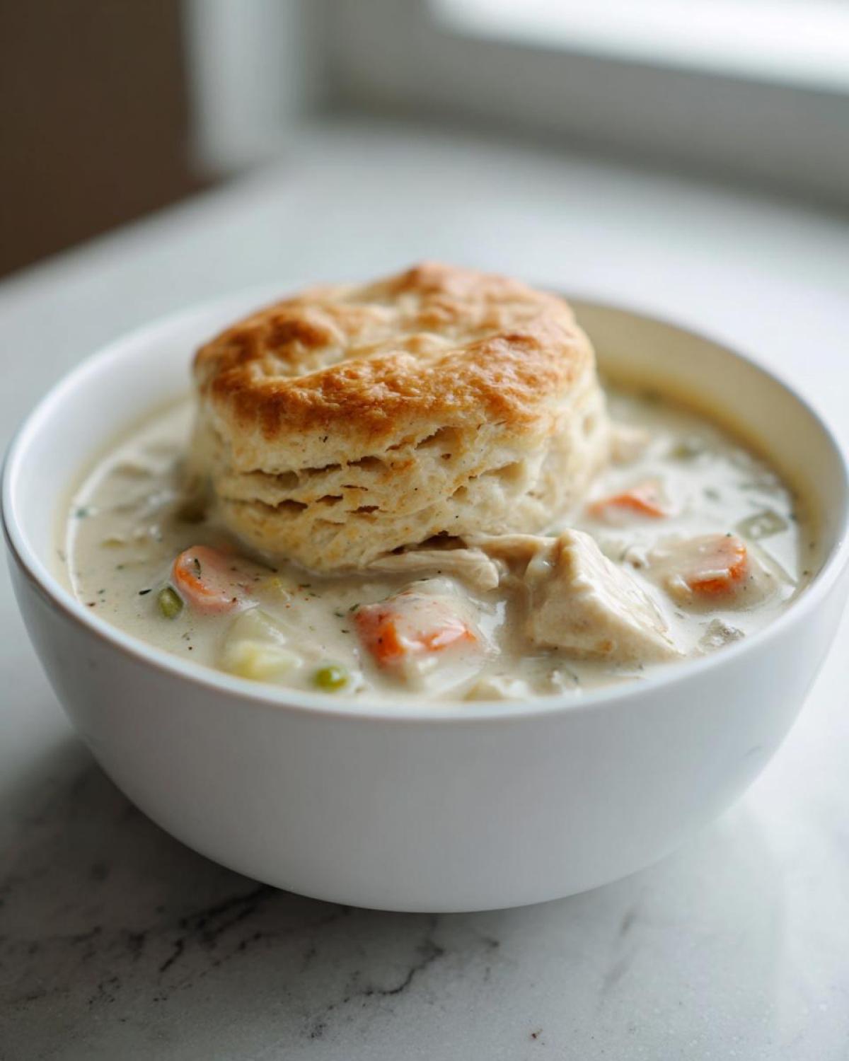 A bowl of creamy Chicken Pot Pie Soup topped with a golden, flaky biscuit.