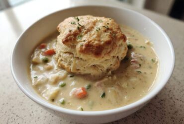 A creamy bowl of Chicken Pot Pie Soup filled with vegetables and topped with a golden biscuit.