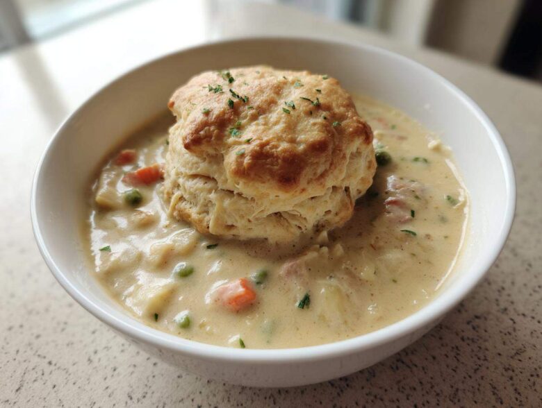 A creamy bowl of Chicken Pot Pie Soup filled with vegetables and topped with a golden biscuit.