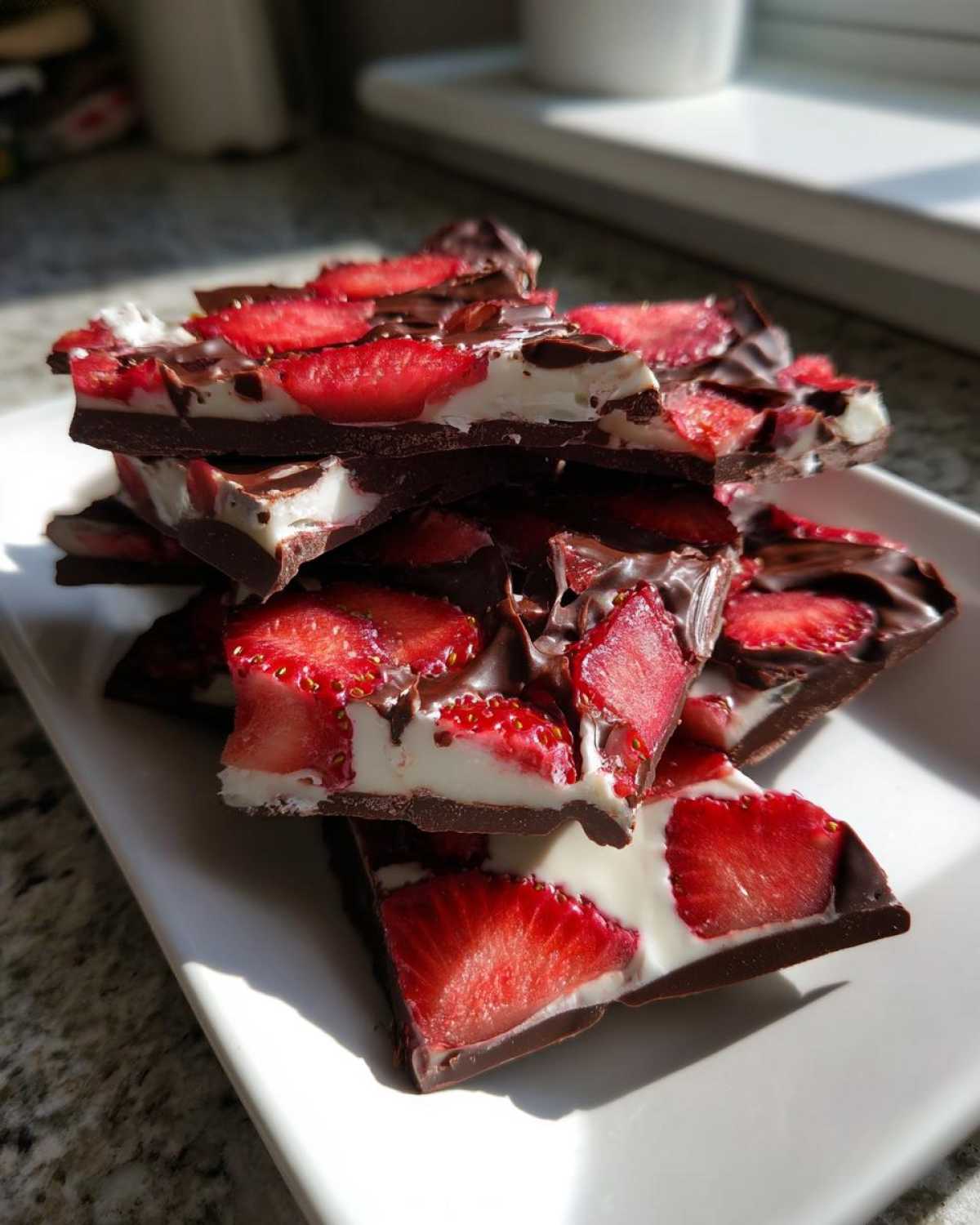 A stack of broken pieces of Chocolate Covered Strawberry Bark featuring dark chocolate, white filling, and bright red strawberry slices.