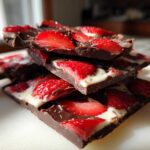 Close-up of stacked pieces of Chocolate Covered Strawberry Bark featuring dark chocolate, white chocolate swirls, and fresh strawberry slices.