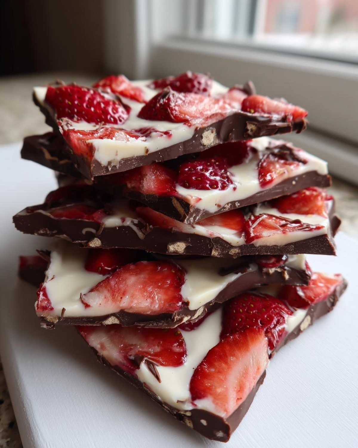 A stack of broken pieces of Chocolate Covered Strawberry Bark featuring dark chocolate, white chocolate swirls, and fresh strawberry slices.