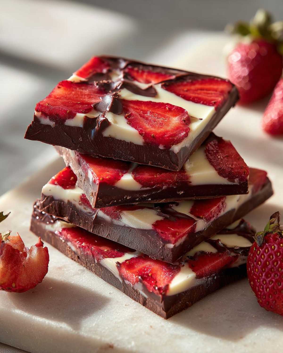 A stack of four squares of Chocolate Covered Strawberry Bark featuring dark chocolate, white chocolate swirls, and bright red strawberry slices.