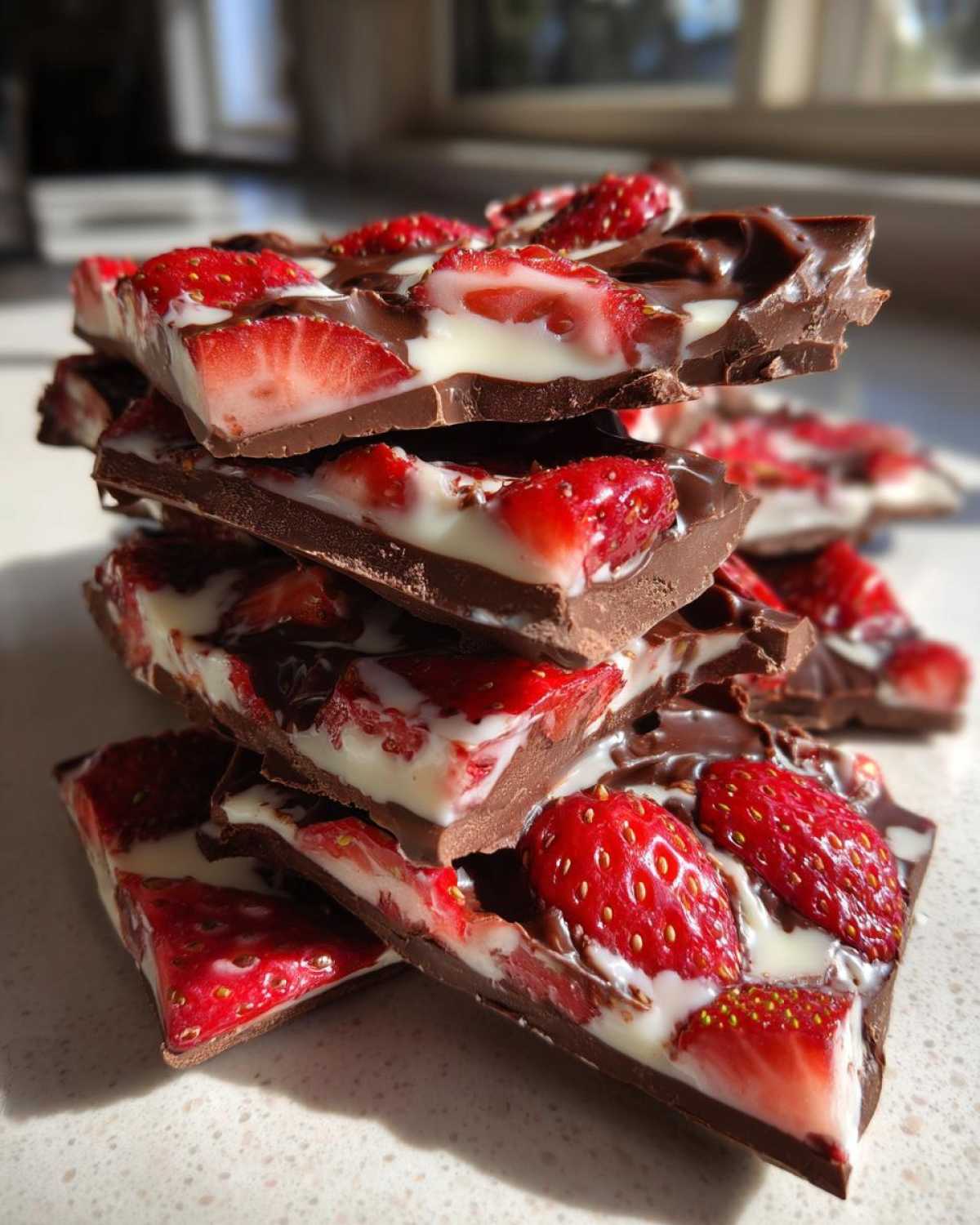 A stack of broken pieces of Chocolate Covered Strawberry Bark showing layers of dark chocolate, white filling, and sliced fresh strawberries.