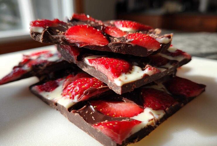 Close-up of stacked pieces of Chocolate Covered Strawberry Bark featuring dark chocolate, white chocolate swirls, and fresh strawberry slices.