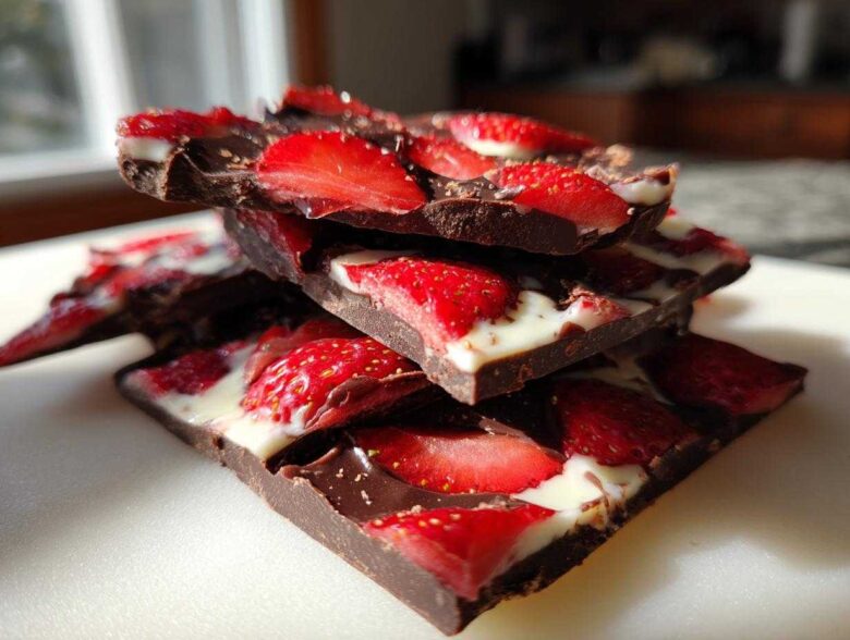 Close-up of stacked pieces of Chocolate Covered Strawberry Bark featuring dark chocolate, white chocolate swirls, and fresh strawberry slices.