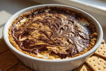 A white dish filled with Chocolate Peanut Butter Cheesecake Dip featuring a beautiful chocolate and peanut butter swirl topping and graham cracker crust.