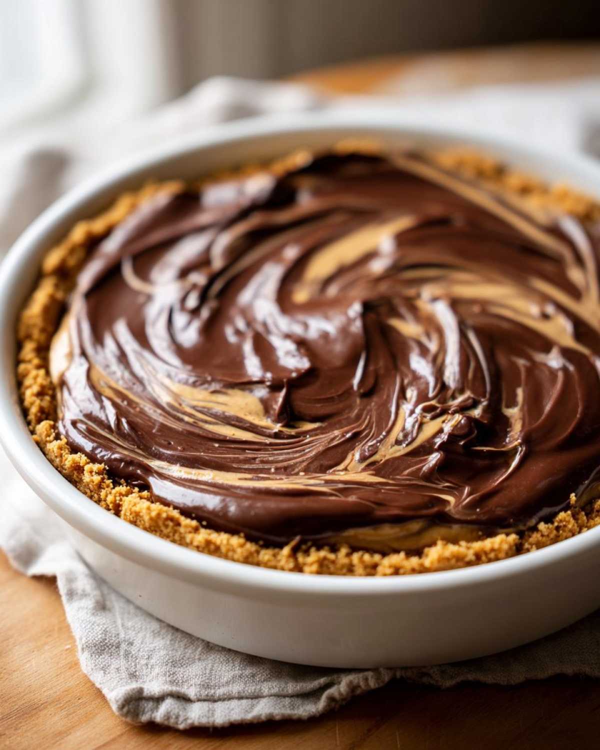 Close-up of Chocolate Peanut Butter Cheesecake Dip with swirled chocolate and peanut butter topping.