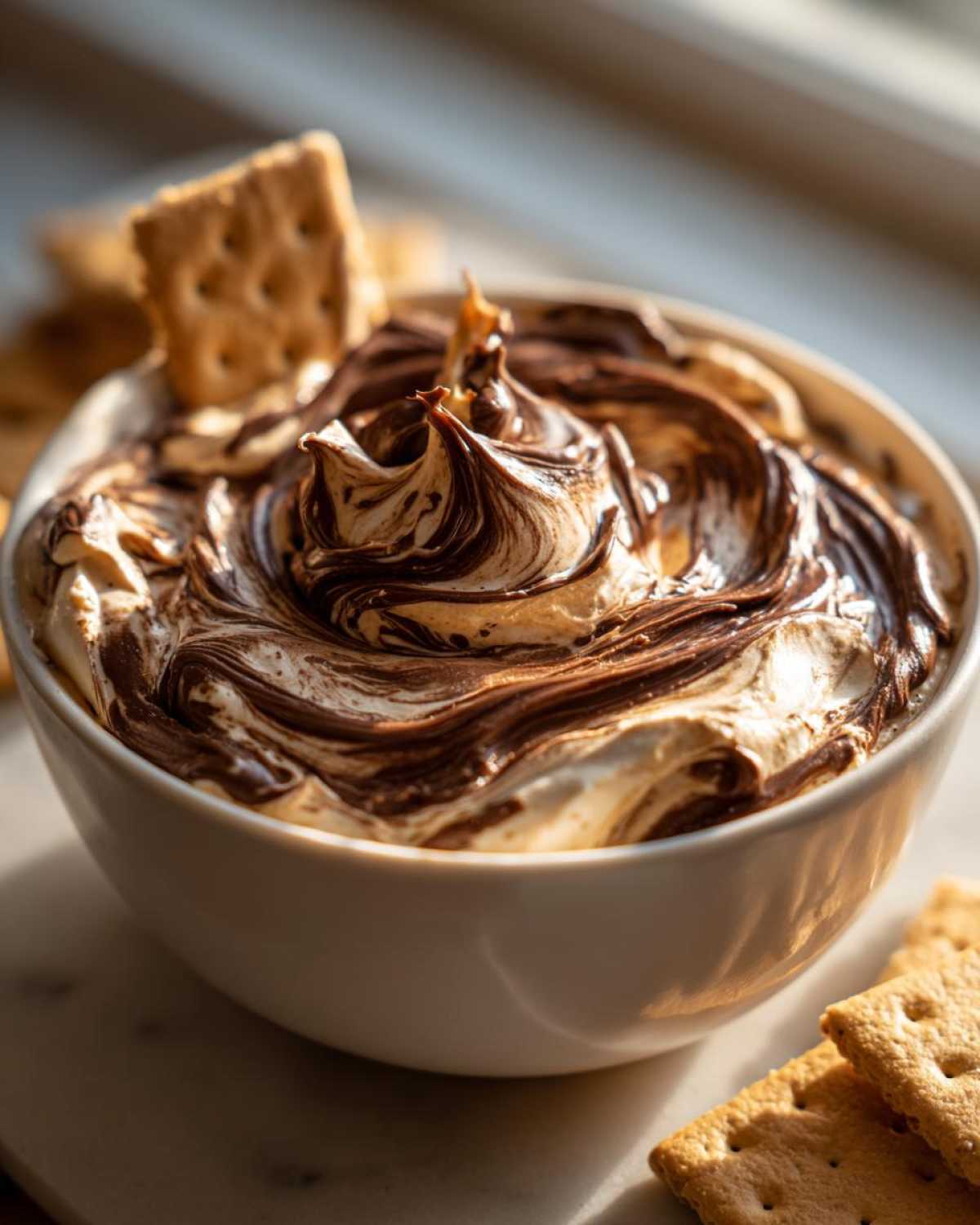 Close-up of swirled Chocolate Peanut Butter Cheesecake Dip in a white bowl, served with graham crackers.