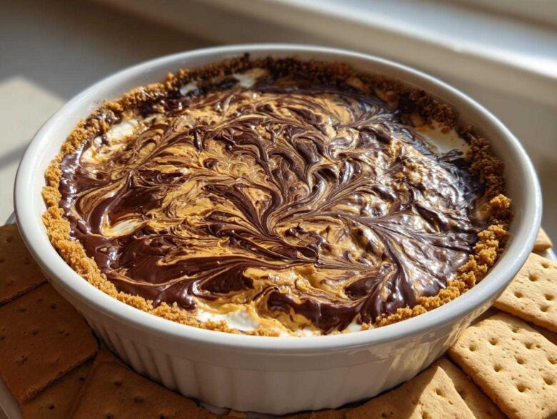 A white dish filled with Chocolate Peanut Butter Cheesecake Dip featuring a beautiful chocolate and peanut butter swirl topping and graham cracker crust.