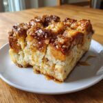 A moist square slice of Cinnamon Roll Overnight French Toast Bake topped with gooey caramel glaze.