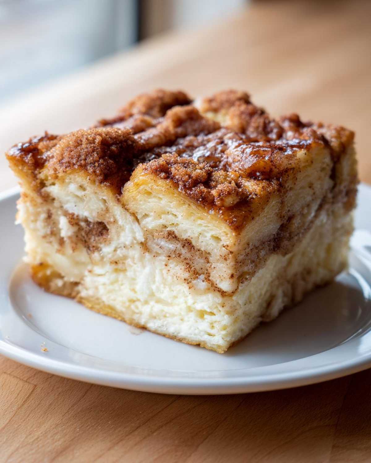 A square serving of Cinnamon Roll Overnight French Toast Bake with a thick, sugary cinnamon topping.