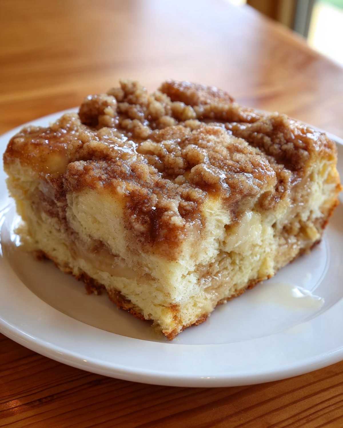 A square slice of Cinnamon Roll Overnight French Toast Bake with gooey cinnamon swirl and streusel topping.