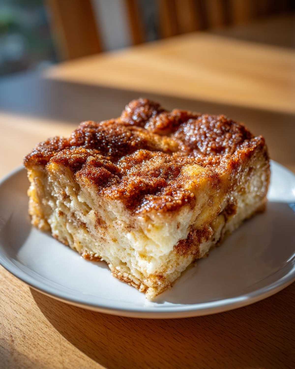 A square serving of Cinnamon Roll Overnight French Toast Bake with a gooey, brown sugar cinnamon topping.