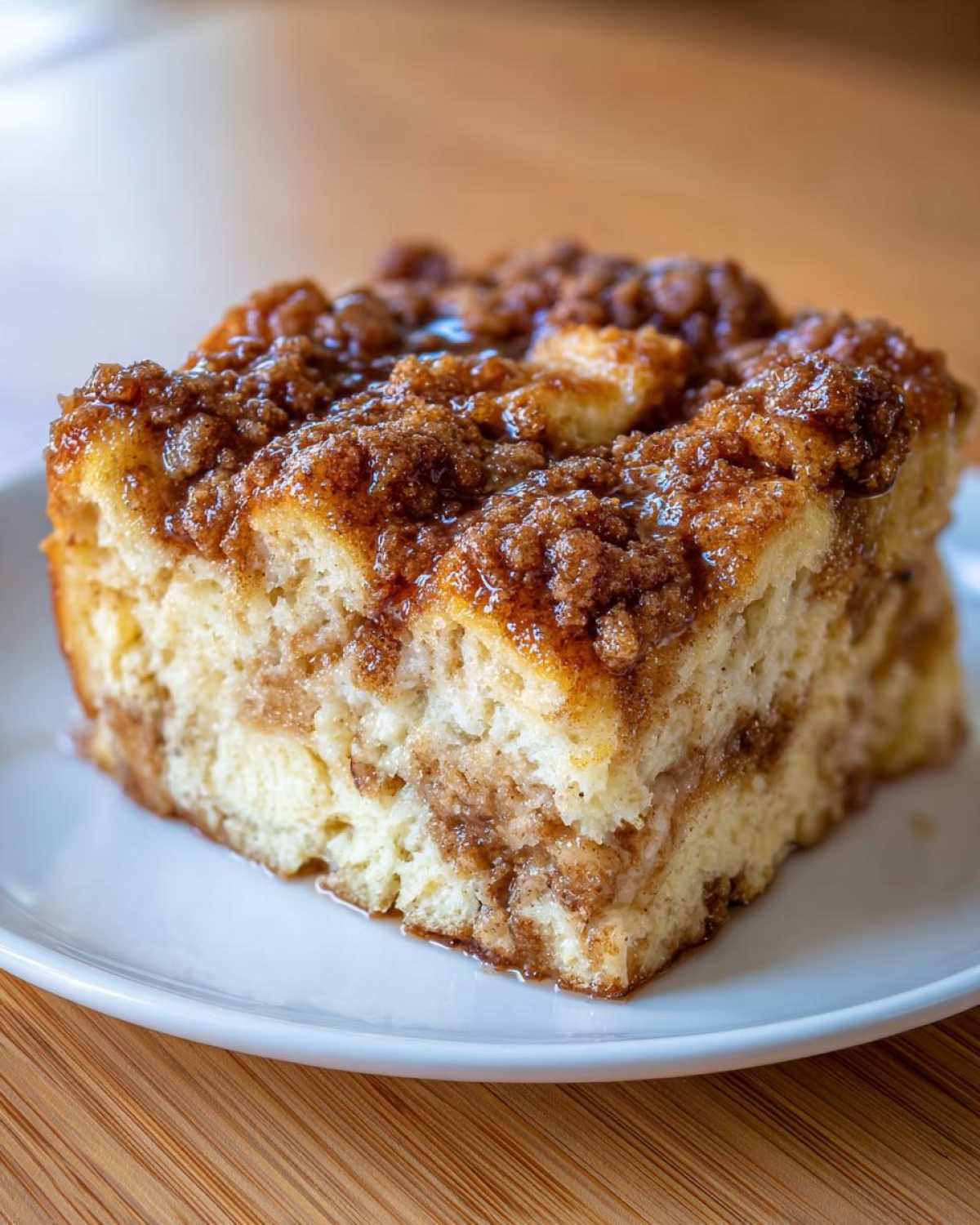 A square slice of Cinnamon Roll Overnight French Toast Bake topped with gooey cinnamon streusel.