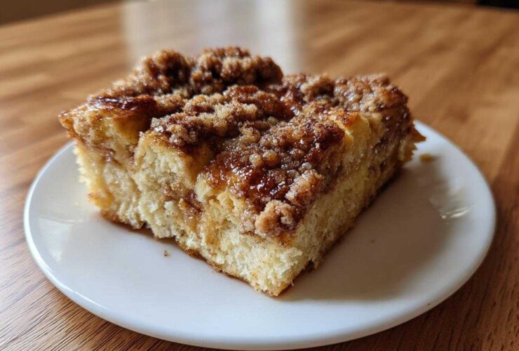 A close-up of a square slice of Cinnamon Roll Overnight French Toast Bake with gooey cinnamon topping.