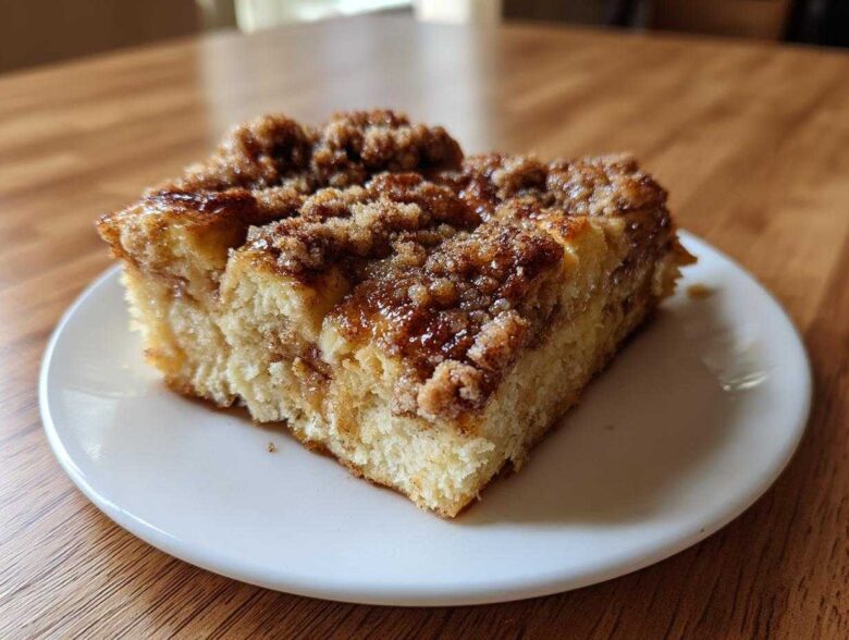 A close-up of a square slice of Cinnamon Roll Overnight French Toast Bake with gooey cinnamon topping.