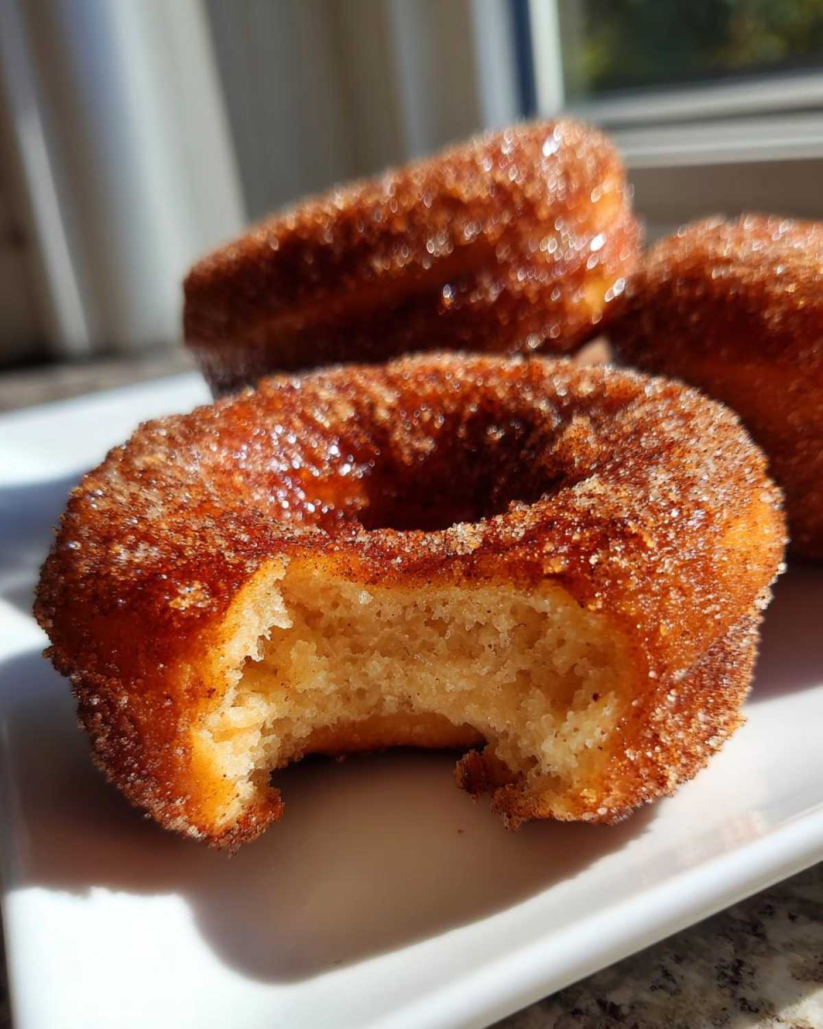 Close-up of a Cinnamon Sugar Air Fryer Donut with a bite taken out, showing the fluffy interior.